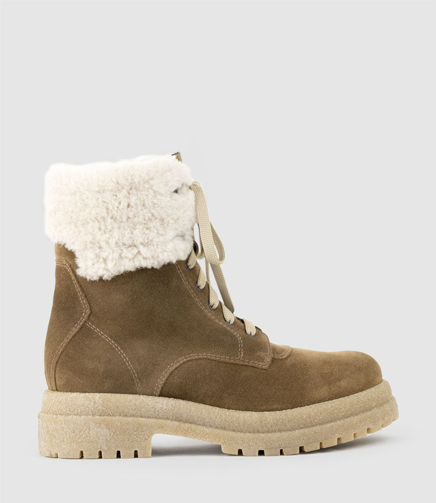 VICTOR Shearling Collar Lace Up Boot in Walnut Suede - Edward Meller