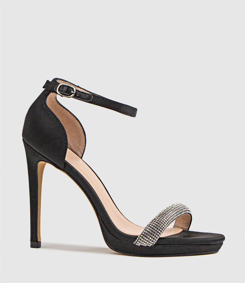 WISTFUL110 Diamond Band Platform Sandal in Black Satin - Edward Meller