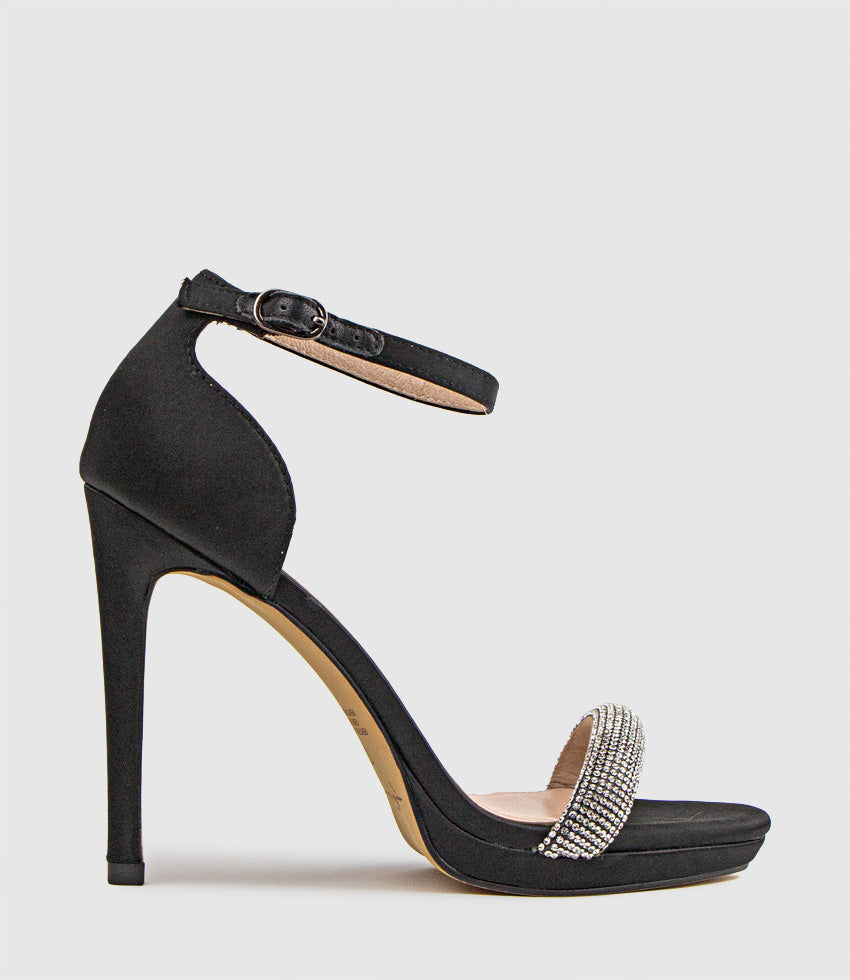 WISTFUL110 Diamond Band Platform Sandal in Black Satin - Edward Meller