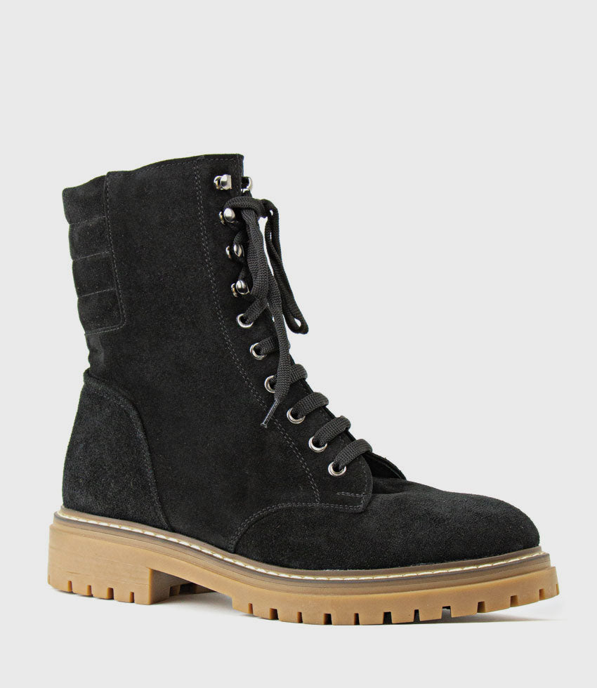 WODEN Lace Up Combat Boot in Black Suede - Edward Meller