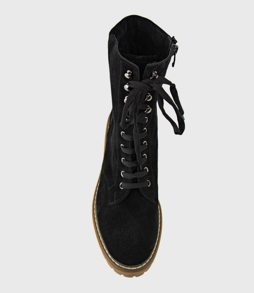WODEN Lace Up Combat Boot in Black Suede - Edward Meller