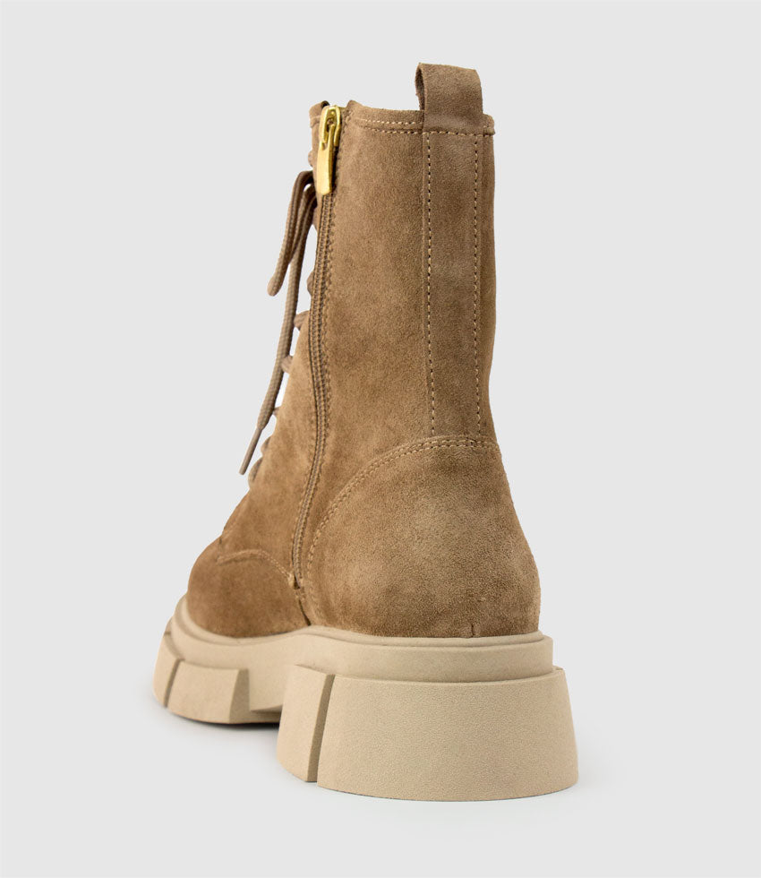 WOLFE Lace Up Boot on Chunky Sole in Beige Suede - Edward Meller