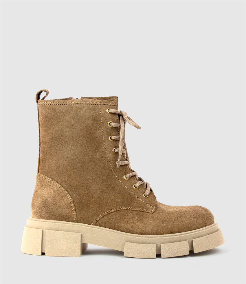WOLFE Lace Up Boot on Chunky Sole in Beige Suede - Edward Meller