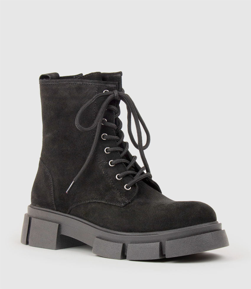 WOLFE Lace Up Boot on Chunky Sole in Black Suede - Edward Meller