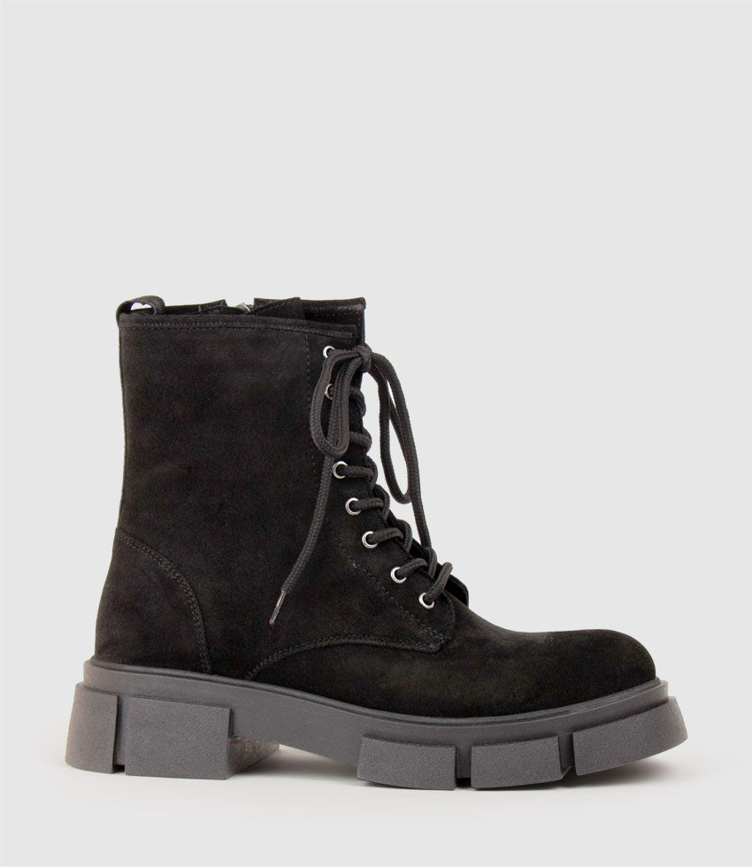 WOLFE Lace Up Boot on Chunky Sole in Black Suede - Edward Meller