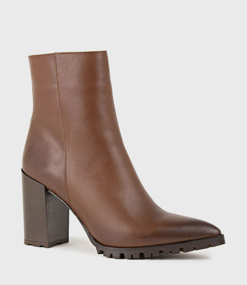 XENDIA Block Heel Pointed Ankle Boot in Tobacco - Edward Meller