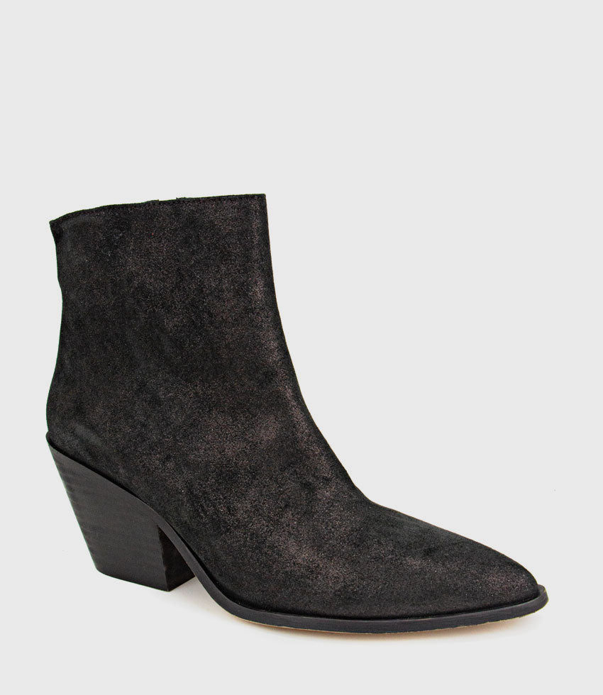 XILLA Western Style Ankle Boot in Black Iron Suede - Edward Meller