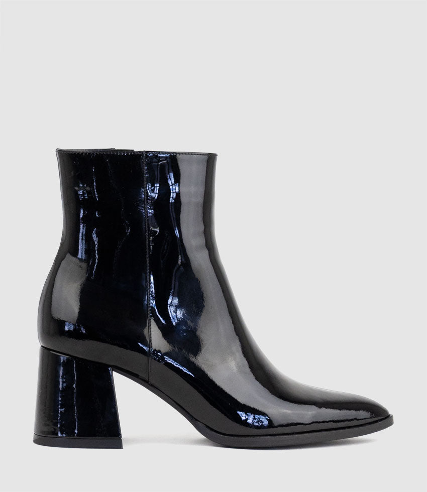 ZAFA Pointed Block Heel Ankle Boot in Black Patent - Edward Meller