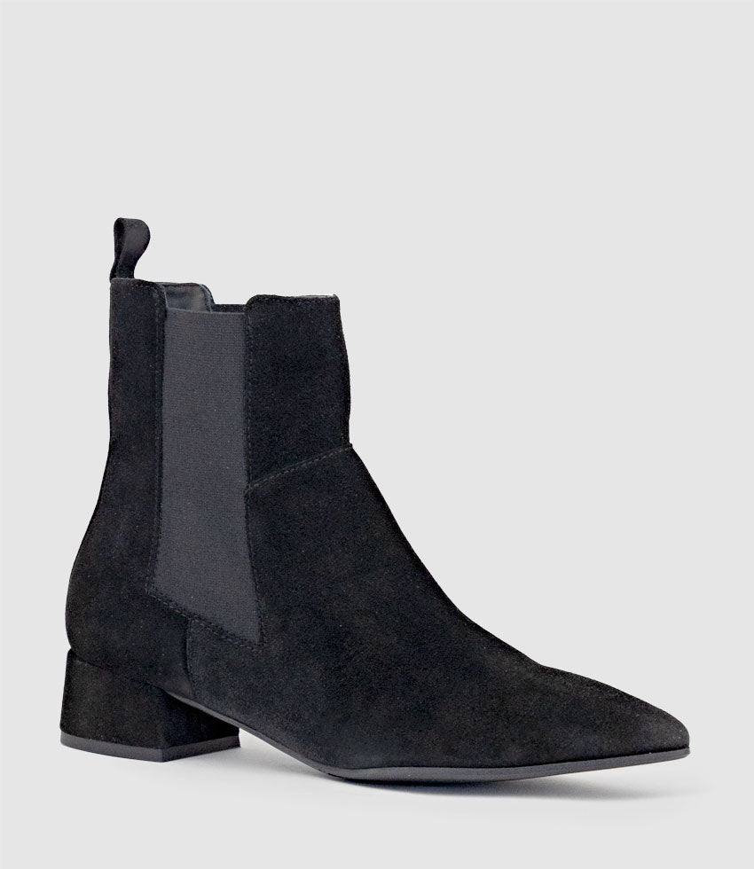 ZEBE35 Pointed Ankle Boot with Gusset in Black Suede - Edward Meller