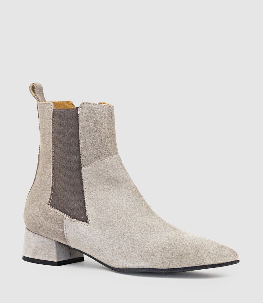 ZEBE35 Pointed Ankle Boot with Gusset in Taupe Suede - Edward Meller
