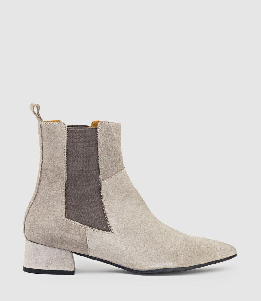 ZEBE35 Pointed Ankle Boot with Gusset in Taupe Suede - Edward Meller