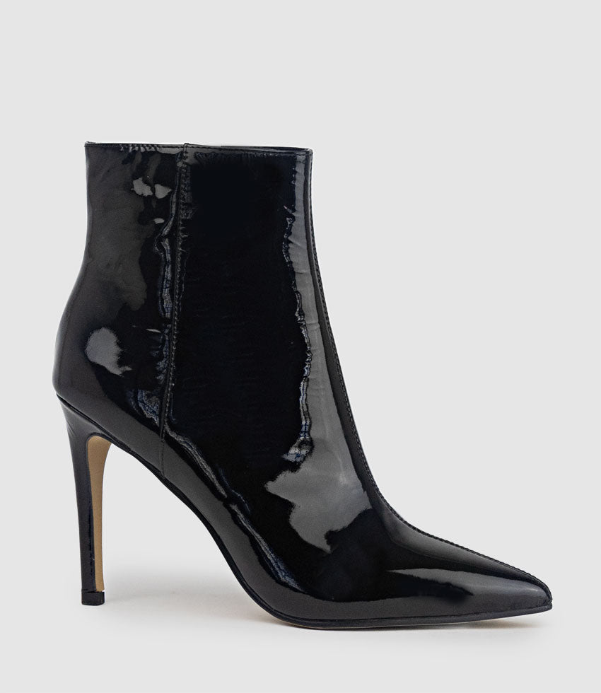 ZELIA100 Stiletto Ankle Boot in Black Patent - Edward Meller
