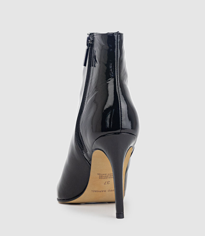ZELIA100 Stiletto Ankle Boot in Black Patent - Edward Meller