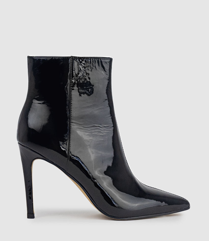 ZELIA100 Stiletto Ankle Boot in Black Patent - Edward Meller