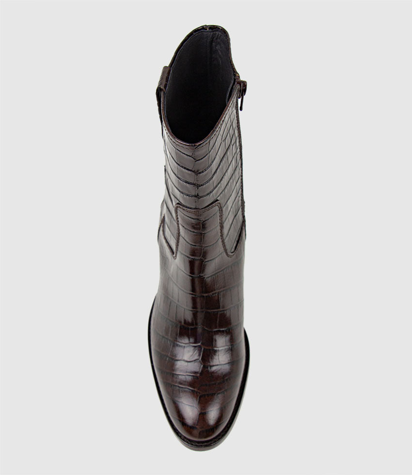 ZOLI 75mm Heel Ankle Boot in Brown Croc - Edward Meller