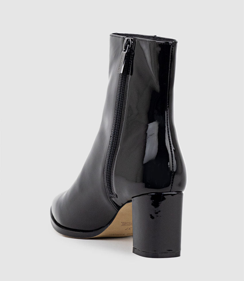 ZOMO60 Block Heel Ankle Boot in Black Patent - Edward Meller