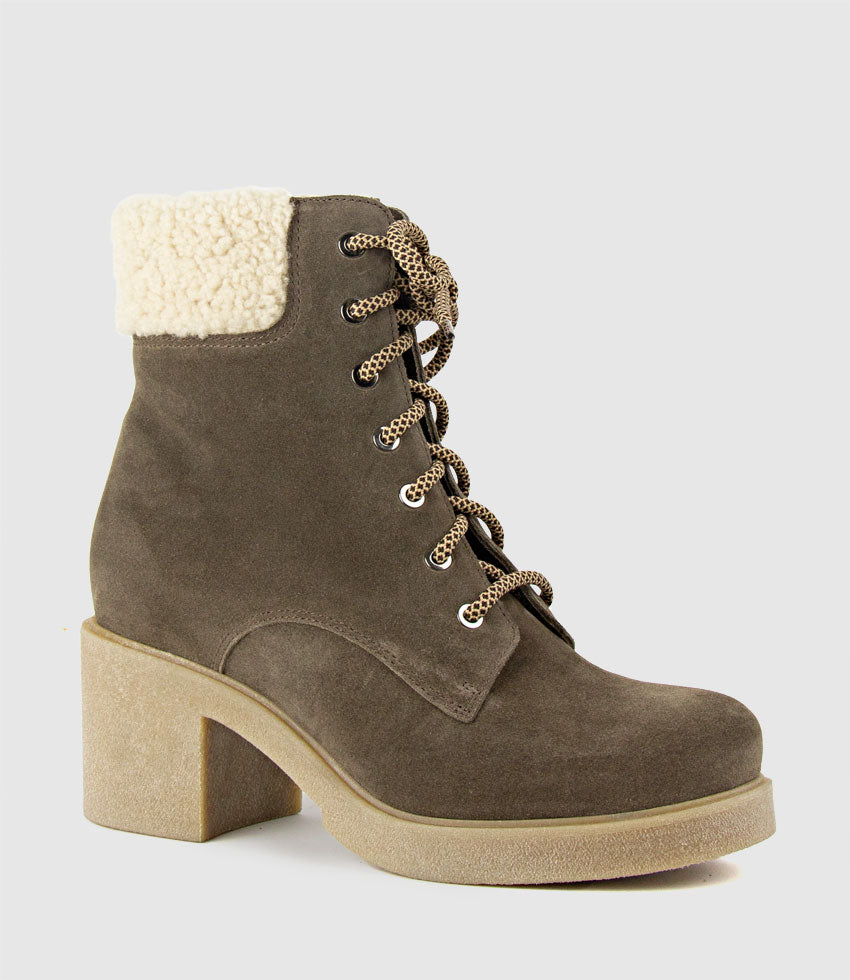ZOOM Lace Up with Shearling in Stone Suede - Edward Meller
